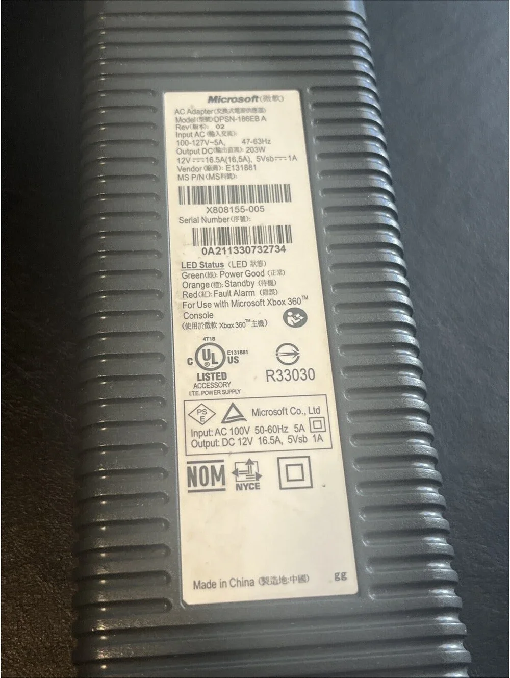 Genuine Microsoft Xbox 360 203W Power Supply AC Adapter DPSN-186EB A OEM Tested